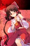  bad_anatomy bare_shoulders blush bow brown_eyes brown_hair detached_sleeves hair_bow hair_tubes hakurei_reimu hands_together long_hair midriff onion_(lemlaml) own_hands_together ponytail solo surprised touhou 
