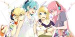  3girls aqua_hair bad_id bad_pixiv_id blonde_hair blue_eyes blush casual cat hair_ornament hair_ribbon hairclip hatsune_miku headphones kagamine_len kagamine_rin long_hair megurine_luka multiple_girls musical_note pink_hair ribbon short_hair smile twintails ume_(plumblossom) vocaloid 