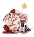  animal_ears blush bow collar dog_ears dog_tail fang izayoi_sakuya kemonomimi_mode kneeling leash maid maid_headdress mary_janes multiple_girls remilia_scarlet ribbon shoes short_hair speech_bubble squatting tail takishima_asaka tears touhou trembling wrist_cuffs 