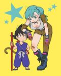  bandage bandages black_hair blue_eyes blue_hair boots bulma cute dragon_ball dragonball gloves matching_hair/eyes nyoibo son_goku son_gokuu staff tail tank_top tanktop 