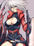  blazblue breasts cleavage cleavage_cutout devoured_by_darkness fumio_(rsqkr) genderswap genderswap_(mtf) heterochromia large_breasts left-handed ragna_the_bloodedge silver_hair solo sword weapon 