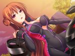  biker_clothes bikesuit bra breasts brown_hair cleavage ground_vehicle helmet large_breasts lingerie motor_vehicle motorcycle open_mouth outdoors pregnant red_eyes skin_tight solo underwear unzipped 