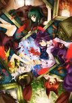  animal_ears dress eyes flower green_hair hat kaenbyou_rin komeiji_koishi komeiji_satori lying multiple_girls painting_(object) purple_hair red_eyes red_hair reiuji_utsuho touhou tsurukame white_hair 