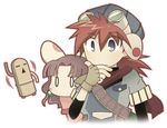  1girl bad_id bad_pixiv_id brown_hair chibi dancing fingerless_gloves freckles fukasaku_emi gloves grandia grandia_i grandia_online green_eyes hand_on_own_chin haniwa_(statue) justin_(grandia) layered_sleeves orange_hair puui_(grandia) sue_(grandia) sweatdrop |_| 