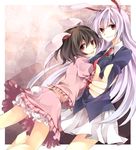  :p animal_ears bad_id bad_pixiv_id bloomers brown_hair bunny_ears bunny_tail inaba_tewi long_hair multiple_girls purple_hair red_eyes reisen_udongein_inaba short_hair tail tongue tongue_out touhou underwear yuzuki_karu 