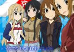  4girls akiyama_mio belt black_hair blazer blonde_hair casual denim eyebrows flag hirasawa_yui hood hoodie jacket jeans k-on! kotobuki_tsumugi letterman_jacket long_hair multiple_girls pants short_hair smile tainaka_ritsu tomboy tongue turtleneck 