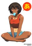  a azumanga_daiou bare_shoulders barefoot breasts brown_eyes brown_hair cleavage dated feet food full_body indian_style kagura_(azumanga_daiou) kei-suwabe large_breasts looking_at_viewer midriff mouth_hold navel one-piece_tan popsicle short_hair shorts simple_background sitting solo tan tank_top tanline tomboy v_arms white_background 