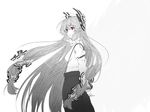  bangs bow fujiwara_no_mokou greyscale hair_bow hair_ribbon hiroya_juuren long_hair monochrome red_eyes ribbon solo spot_color suspenders touhou 