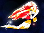  barefoot blonde_hair blue_eyes earrings f_(fuji) jewelry legs long_hair lying macross macross_frontier microphone midriff outstretched_arm sheryl_nome smile solo space very_long_hair 