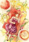  bad_id bad_pixiv_id cup dress flower food fruit kasumi_(hitokuri) key lemon lock lying minigirl on_back original red_hair solo tea traditional_media watercolor_(medium) 
