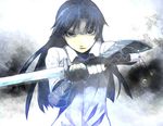  blue_hair gauntlets idolmaster idolmaster_(classic) katana kisaragi_chihaya long_hair menea shirt solo sword weapon 