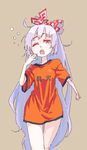  bottomless bow clothes_writing fujiwara_no_mokou hair_ribbon long_hair naked_shirt one_eye_closed ribbon roku_(warrock) shirt solo t-shirt touhou white_hair yawning 