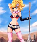  anti-materiel_rifle belt bikini_top blonde_hair blue_eyes breasts cosplay covered_nipples crossover gloves gun hair_ornament large_breasts mario_(series) midriff pink_legwear ponytail princess_peach rifle scarf short_shorts shorts sigurd_hosenfeld sniper_rifle solo super_mario_bros. tengen_toppa_gurren_lagann thighhighs toned underboob weapon yoko_littner yoko_littner_(cosplay) 