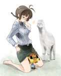  aka_ume akizuki_ritsuko alpaca barefoot braid brown_hair feet glasses idolmaster idolmaster_(classic) short_hair solo 