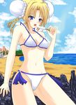  bad_id bad_pixiv_id beach bikini blonde_hair braid bun_cover copyright_request day double_bun food outdoors popsicle shirong solo swimsuit twin_braids 