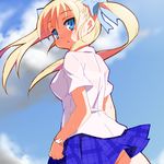  9law blonde_hair blue_eyes bow bracelet hair_bow jewelry no_panties original school_uniform see-through solo twintails 