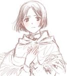  blush brown capelet fringe_trim isara_gunther monochrome non-web_source poncho senjou_no_valkyria senjou_no_valkyria_1 short_hair sketch solo spot_color 