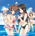  akiyama_mio arms_up bikini black_eyes black_hair blonde_hair blue_eyes brown_eyes brown_hair day goggles heart heart_hands heart_hands_duo hirasawa_yui holding_hands k-on! kotobuki_tsumugi long_hair multiple_girls one_eye_closed ponytail short_hair striped striped_bikini striped_swimsuit sugaro swimsuit symmetrical_hand_pose tainaka_ritsu wading water 