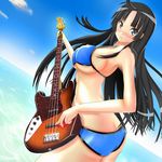  akiyama_mio bass_guitar bikini black_eyes black_hair blush breasts butt_crack cloud day dutch_angle highres instrument k-on! large_breasts long_hair nokiguchi_chika ocean sideboob sky solo swimsuit 