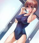  adjusting_eyewear bad_id bad_pixiv_id blue_eyes blush breasts brown_hair competition_swimsuit dutch_angle glasses hair_ornament hairclip hatsukoi_limited large_breasts one-piece_swimsuit open_mouth shimaji short_hair solo swimsuit watase_meguru 