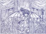  alcohol bat_wings bottle cup drinking_glass flower hat monochrome remilia_scarlet rose sakino_shingetsu short_hair sitting solo throne touhou traditional_media wine wine_glass wings 