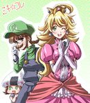  ;d ahoge akizuki_ritsuko amami_haruka blonde_hair blush braid brown_eyes brown_hair cosplay costume crown dress earrings elbow_gloves facial_hair fake_facial_hair fake_mustache food food_as_clothes food_themed_clothes fuugetsu_makoto glasses gloves green_eyes hat hat_ribbon holding holding_food hoshii_miki idolmaster idolmaster_(classic) jewelry long_hair luigi luigi_(cosplay) mario_(series) multiple_girls mustache nonowa oekaki one_eye_closed onigiri onigiri_costume open_mouth overalls pink_dress princess_peach princess_peach_(cosplay) ribbon smile super_mario_bros. sweatdrop toad toad_(cosplay) turtleneck twin_braids 