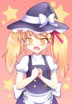  alternate_hairstyle blonde_hair blush fang greave_(asterism) hair_ribbon hands_together hat kirisame_marisa own_hands_together ribbon short_hair solo touhou twintails witch_hat yellow_eyes 