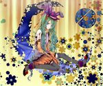  animal_ears bunny_ears cat flower green_eyes green_hair halloween hat hatsune_miku hirako long_hair necktie ribbon sitting skirt solo tattoo thighhighs twintails vocaloid wavy_hair witch_hat zettai_ryouiki 