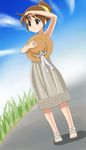  brown_eyes brown_hair chunpai day dress hat hirasawa_ui k-on! ponytail sandals short_hair solo sundress 