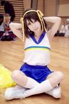  brown_hair cheerleader cosplay highres mizuno_shiro pantyhose photo skirt socks suzumiya_haruhi suzumiya_haruhi_no_yuuutsu 