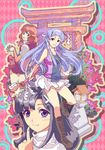  aoba_tsugumi bad_id bad_pixiv_id black_hair blue_hair boots kaiseki kannagi lantern multiple_girls nagi purple_eyes torii wand zange 