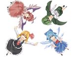  animal_ears antennae ascot bad_id bad_pixiv_id blonde_hair blue_eyes blue_hair bow cape cirno dress green_eyes green_hair hair_bow hair_ribbon hat multiple_girls mystia_lorelei outstretched_arms pink_hair red_eyes ribbon rumia short_hair spread_arms tadokoro_teppei team_9 touhou wings wriggle_nightbug 