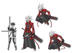  1girl artist_request black_hakama black_pants blazblue bolverk concept_art gun hakama handgun japanese_clothes noel_vermillion official_art pants partially_colored ragna_the_bloodedge silver_hair spiked_hair squatting sword thighhighs weapon 