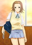  bag brown_hair face hairband k-on! kishida-shiki pleated_skirt school_uniform short_hair skirt solo sweater_vest tainaka_ritsu tomboy 