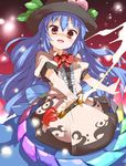  blue_hair food fruit hama_chon hat hinanawi_tenshi long_hair peach red_eyes solo sword sword_of_hisou touhou weapon 