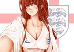  2014_fifa_world_cup bad_id bad_pixiv_id blue_eyes breasts brown_hair cleavage england large_breasts long_hair looking_at_viewer original smile soccer soccer_uniform solo sportswear world_cup zettai_muri_no_akira 