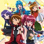  4girls :d ;p aino_megumi blue_eyes blue_hair blush brown_eyes brown_hair card cosplay crossover duel_disk expressionless eyebrows eyebrows_visible_through_hair eyelashes fudou_yuusei fudou_yuusei_(cosplay) happinesscharge_precure! happy hikawa_iona jewelry long_hair looking_at_viewer masako_(sabotage-mode) multiple_girls necklace one_eye_closed oomori_yuuko open_mouth orange_shirt outstretched_arms pink_eyes pink_hair precure purple_eyes purple_hair pyramid red_hair sagara_seiji sakaki_yuuya sakaki_yuuya_(cosplay) shirayuki_hime shirt short_hair simple_background smile tareme tongue tongue_out tsukumo_yuuma tsukumo_yuuma_(cosplay) very_long_hair vest yami_yuugi yami_yuugi_(cosplay) yellow_background yuu-gi-ou yuu-gi-ou_5d's yuu-gi-ou_arc-v yuu-gi-ou_duel_monsters yuu-gi-ou_gx yuu-gi-ou_zexal yuuki_juudai yuuki_juudai_(cosplay) 