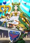  3boys blonde_hair blue_eyes brown_hair column dark_pit earrings gloves green_hair hat holding holding_sword holding_weapon jewelry kid_icarus kid_icarus_uprising left-handed link long_hair morioka_hideyuki multiple_boys necklace nintendo official_art palutena pillar pit_(kid_icarus) pointy_ears shaft shield staff super_smash_bros. sword the_legend_of_zelda tiara very_long_hair weapon wings 