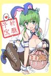  alternate_costume animal_ears bare_shoulders blush breasts bunny_ears bunny_girl bunny_tail bunnysuit cleavage detached_collar ema frog_hair_ornament gohei green_eyes green_hair hair_ornament heart high_heels kochiya_sanae large_breasts long_hair open_mouth pantyhose puuakachan smile snake snake_hair_ornament solo spoken_heart tail touhou translation_request wrist_cuffs 