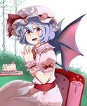  :d bat_wings bow brooch bush cake chair dress fang food frilled_shirt_collar frilled_sleeves frills fruit hat hat_ribbon jewelry looking_at_viewer mob_cap nobu_baka open_mouth pink_dress puffy_short_sleeves puffy_sleeves purple_hair red_eyes red_ribbon remilia_scarlet ribbon ribbon-trimmed_sleeves ribbon_trim sash short_sleeves sitting smile solo steepled_fingers strawberry table touhou wings wrist_cuffs 