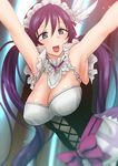  armpits breasts cleavage corset green_eyes highres large_breasts long_hair love_live! love_live!_school_idol_project low_twintails maid_headdress mogyutto_&quot;love&quot;_de_sekkin_chuu! open_mouth purple_hair shoukaki_(earthean) smile solo toujou_nozomi twintails 
