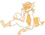  anthro ascot biceps bottomless erection foxzombiej hat holding humanoid_penis male mammal muscles orange_and_white pecs penis plain_background plantigrade polearm raccoon sitting sly_cooper_(series) solo staff tennessee_kid_cooper vest white_background 