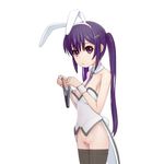  animal_ears black_legwear black_panties bottomless breasts bunny_ears bunny_tail bunnysuit caryo fake_animal_ears gochuumon_wa_usagi_desu_ka? hair_ornament hairclip holding holding_panties long_hair looking_at_viewer lowres midori_boushi necktie nipples panties purple_eyes purple_hair simple_background small_breasts solo sweatdrop tail tedeza_rize thighhighs twintails underwear white_background 