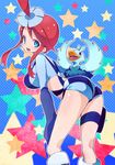  ass blue_eyes chorimokki ducklett fuuro_(pokemon) gen_5_pokemon gloves hair_bun midriff overalls pokemon pokemon_(creature) red_hair short_shorts shorts 