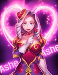  ashe_(league_of_legends) blue_eyes breasts choker flower g.t gloves hair_ornament heart heartseeker_ashe large_breasts league_of_legends open_mouth puffy_sleeves purple_hair ringlets smile solo 
