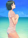  androgynous ass bad_id bad_pixiv_id bikini black_hair blush covering_nipples hair_ornament hairclip looking_at_viewer male_focus otoko_no_ko purple_eyes shirt short_hair skull_hair_ornament solo steins;gate swimsuit tonoa urushibara_ruka wet wet_clothes wet_shirt 