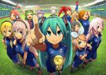  6+girls adidas androgynous aqua_eyes aqua_hair arms_up blonde_hair blue_eyes character_request confetti crossed_arms cul green_eyes green_hair grin gumi hatsune_miku highres ia_(vocaloid) japan kaai_yuki kagamine_rin lily_(vocaloid) long_hair looking_at_viewer megurine_luka meiko multiple_girls novelia pink_hair pointing sf-a2_miki short_hair smile soccer soccer_uniform sportswear trophy twintails very_long_hair vocaloid voiceroid world_cup yuzuki_yukari 