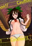  arm_cannon black_hair bow breasts cape caution hair_bow highres medium_breasts no_pants open_clothes open_shirt panties reiuji_utsuho shirt smile striped striped_panties tanatoth third_eye touhou underboob underwear weapon wings 