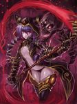  bow braid breasts claws coat edobox gauntlets glowing glowing_eyes hair_bow hat hat_with_ears long_hair looking_at_viewer midriff naked_coat navel no_bra open_clothes open_coat original polearm pool_of_blood purple_hair purple_legwear red_eyes skull small_breasts thighhighs twin_braids very_long_hair weapon 