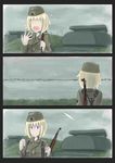  3koma absurdres barbed_wire blonde_hair bolt_action border bunker cloud cloudy_sky comic commentary d-day erica_(naze1940) fleet garrison_cap german gun hat highres historical_event jpeg_artifacts mauser_98 md5_mismatch military military_uniform ocean open_mouth original purple_eyes rifle ship sky sling soldier solo twilight uniform war water watercraft weapon world_war_ii yawning 